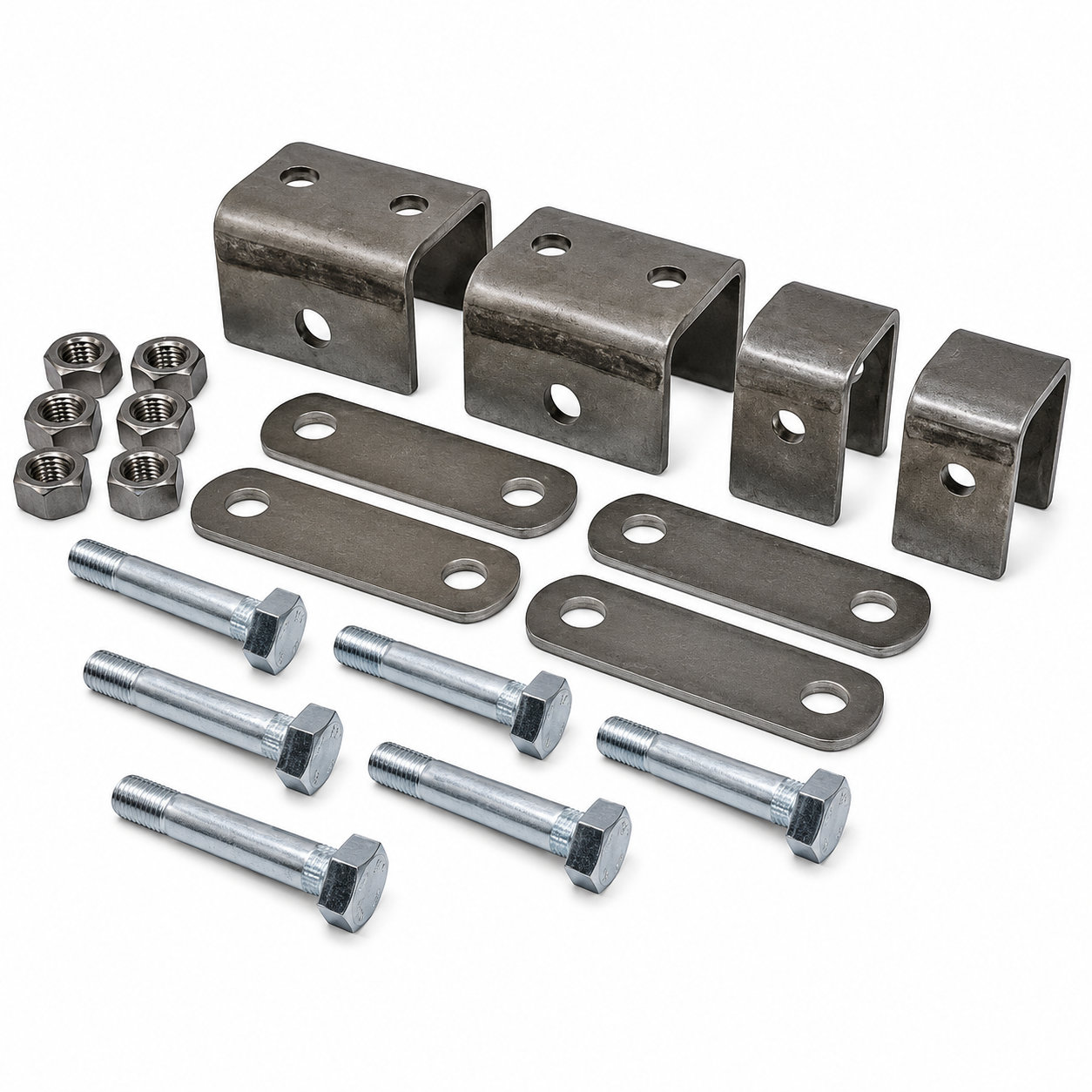 Single axle and tandem axle trailer hanger kits with double-eye leaf spring suspension components
